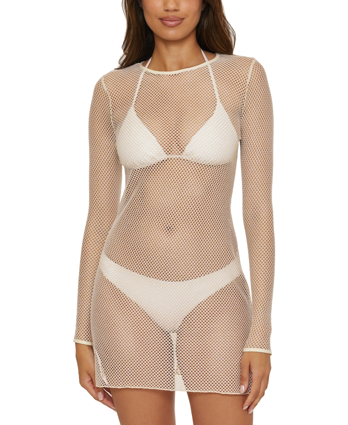 Women's Metallic Fishnet Cover-Up Dress - Ecru