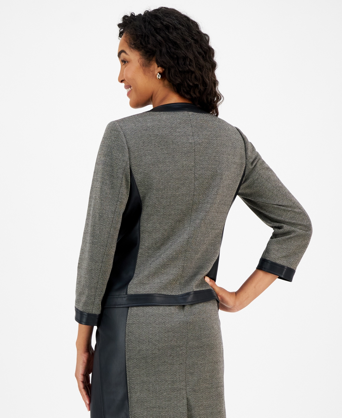 Kasper Women's Faux-Leather-Trim Herringbone Jacket -Toffee