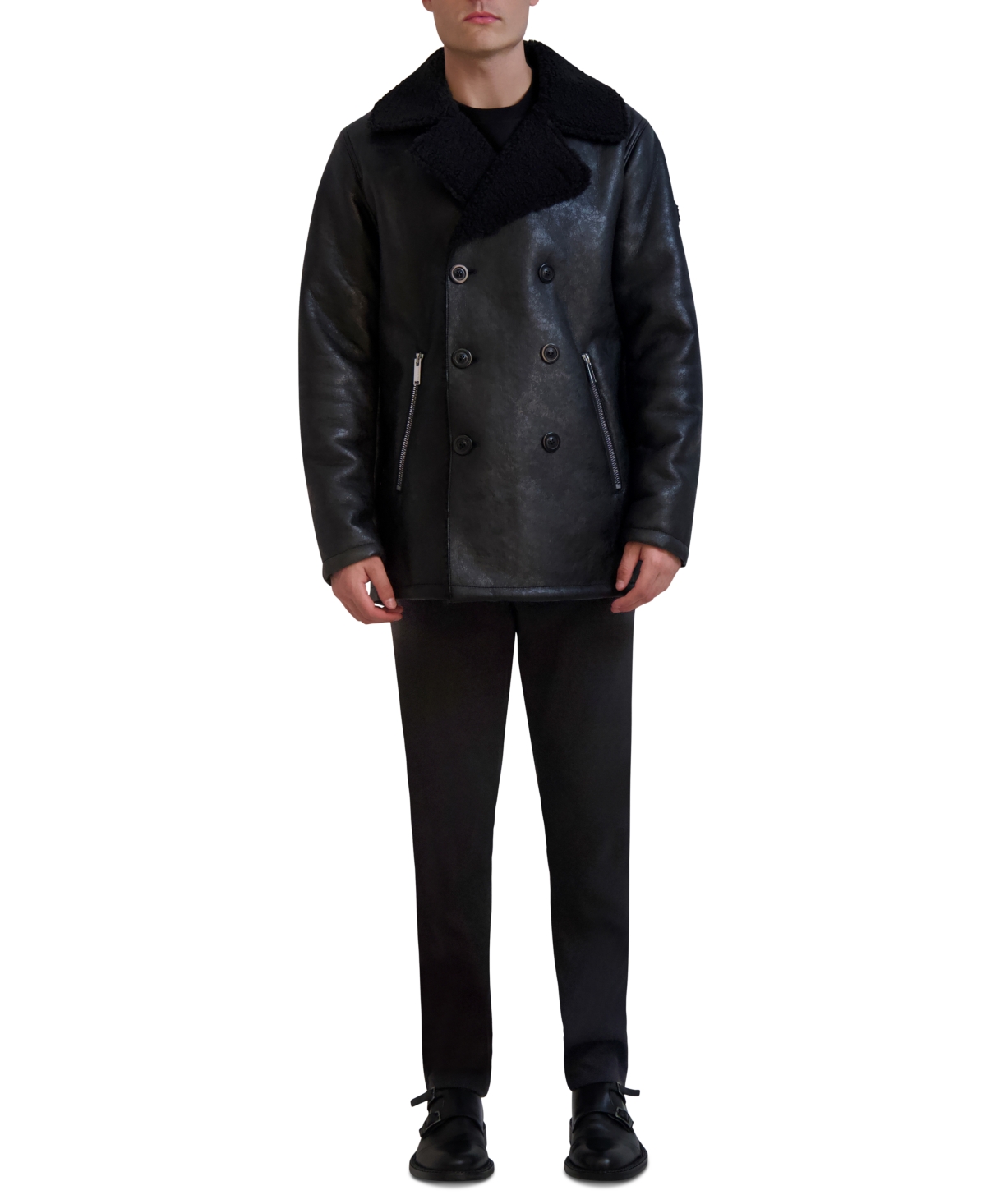 Karl Lagerfeld Men's Faux-shearling Double-breasted Car Coat In Black