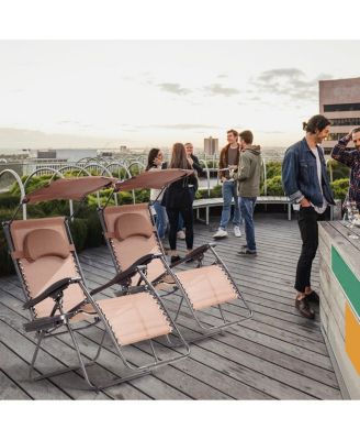 Folding Recliner Zero Gravity Lounge Chair W/ Shade Canopy Cup Holder Brown