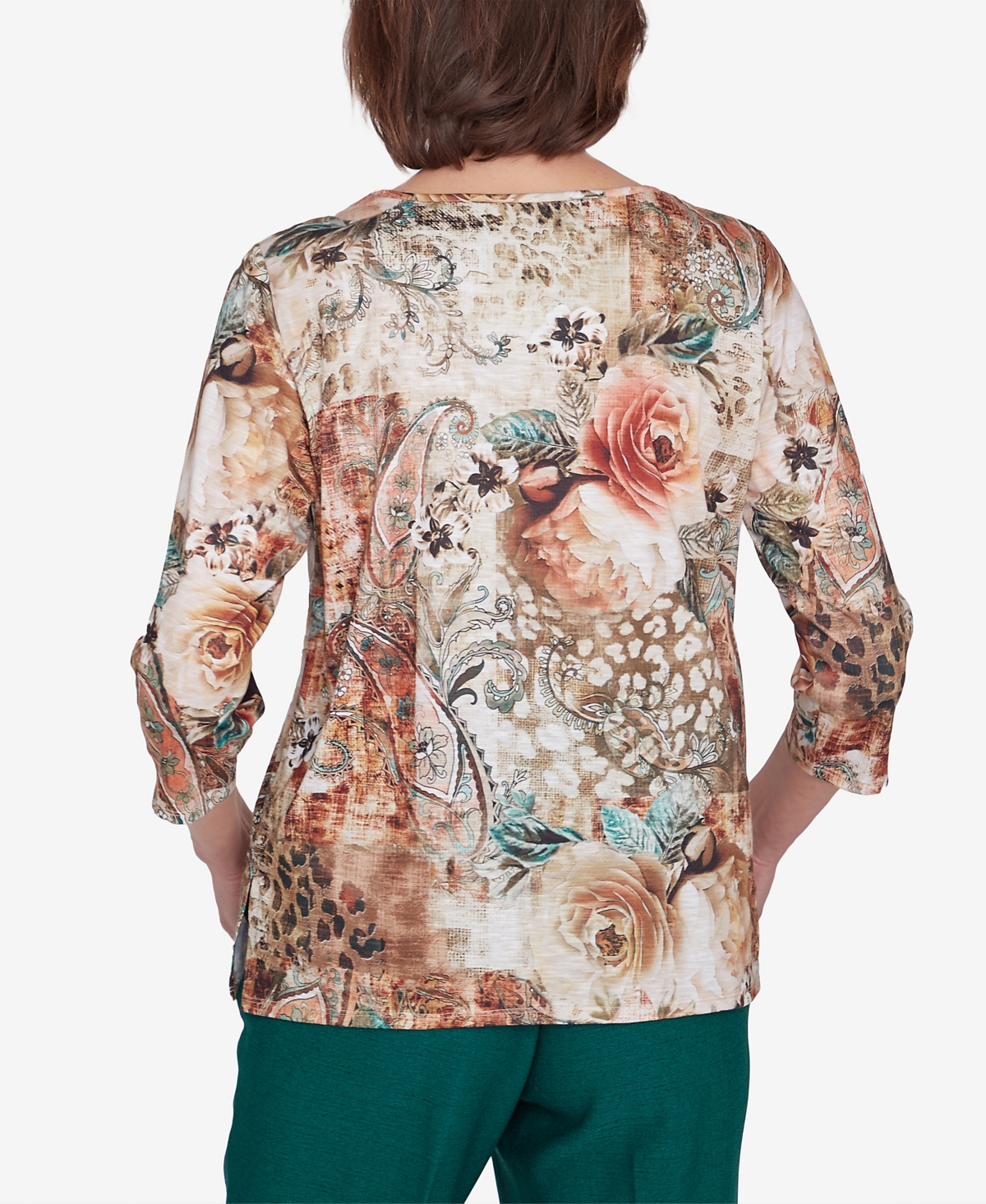 Alfred Dunner Women's Emerald Isle Center Lace Floral Print Top