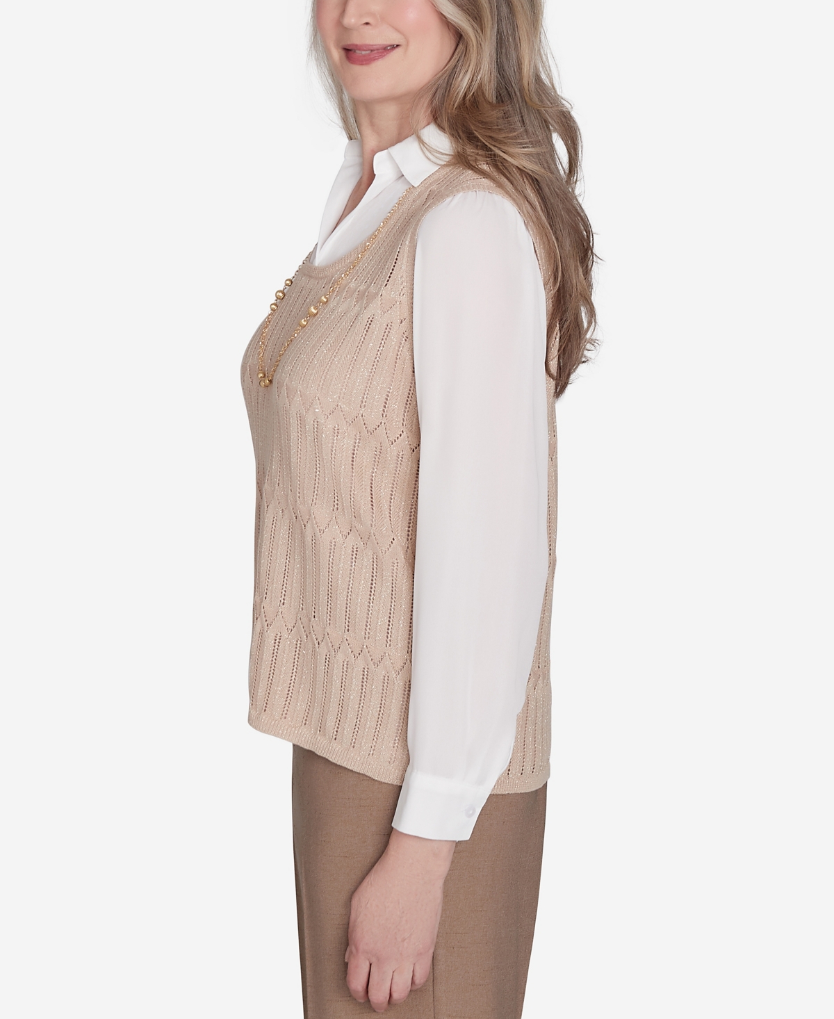Alfred Dunner Plus Size Emerald Isle Two In One Textured Sweater Vest With A Detachable Necklace In Cashew
