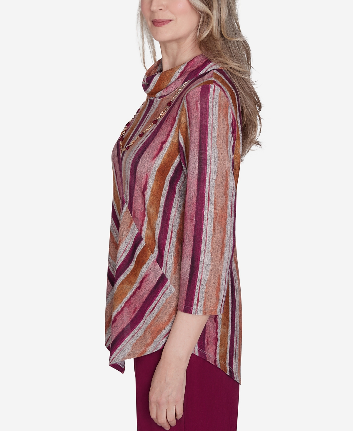 Alfred Dunner Plus Size Wine Country Spliced Stripe With A Detachable Necklace In Multi Red