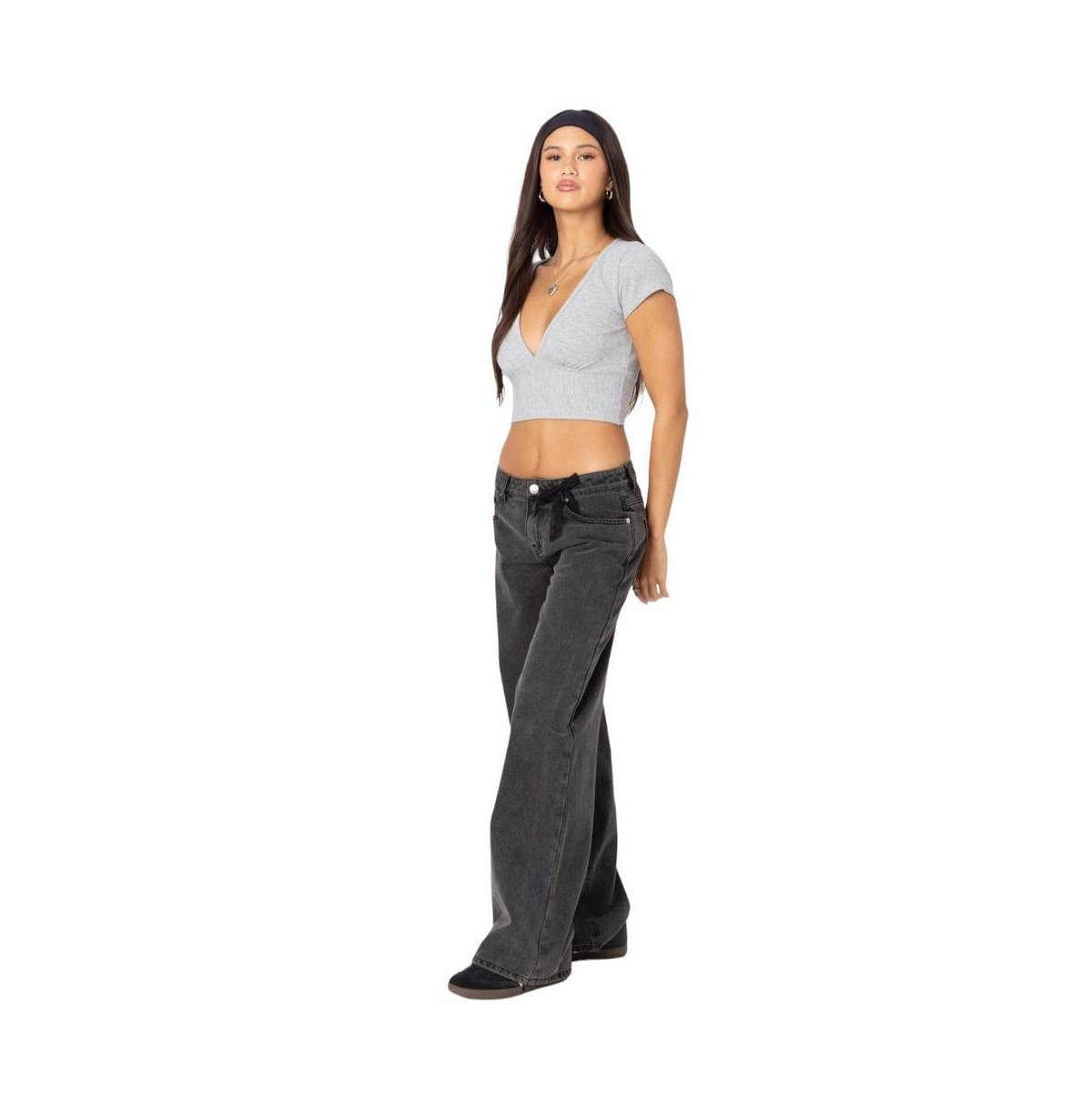 Edikted Women's Deep V neck Crop Top top - Gray-melange
