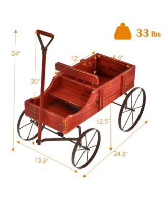 Wooden Wagon Plant Bed with Metal Wheels for Garden Yard Patio