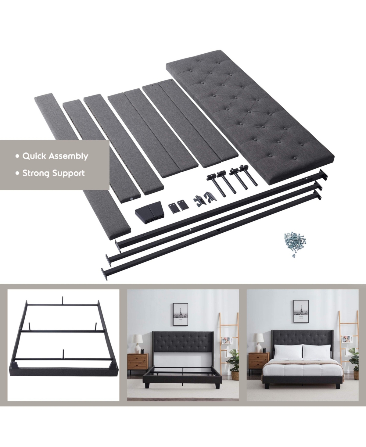 Clara Clark Wingback Diamond Upholstered Platform Bed - King - Silver