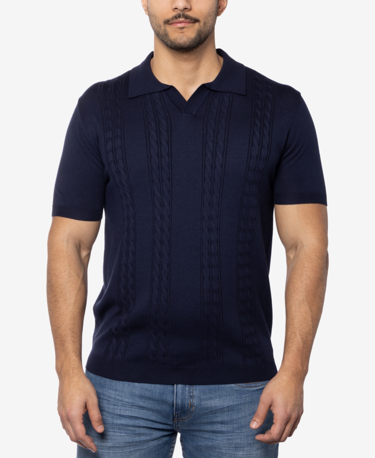 Men's Cable Knit Johnny Collar Short Sleeve Sweater Polo - Taupe