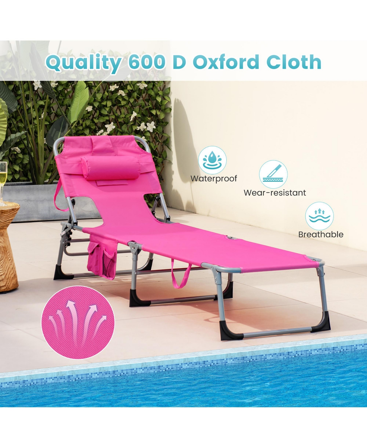 Gymax Set of 2 Beach Chaise Lounge Chair Folding Reclining Chair w/ Facing Hole Turquoise