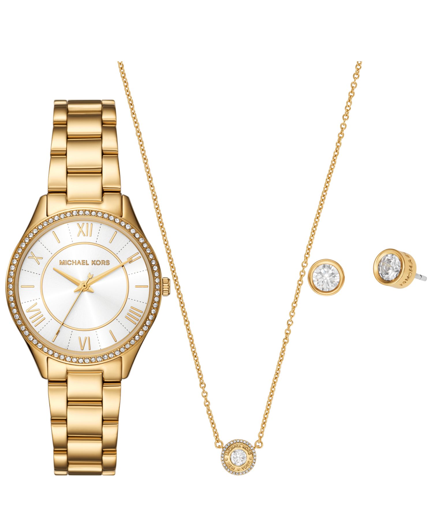 Women's Lauryn Three-Hand Gold-Tone Stainless Steel Watch, Earrings and Necklace Gift Set 33mm