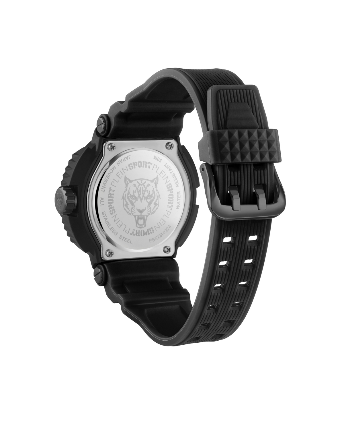 Shop Plein Sport Men's Tiger Power 3 Hand Date Quartz Black Silicone Strap 45mm