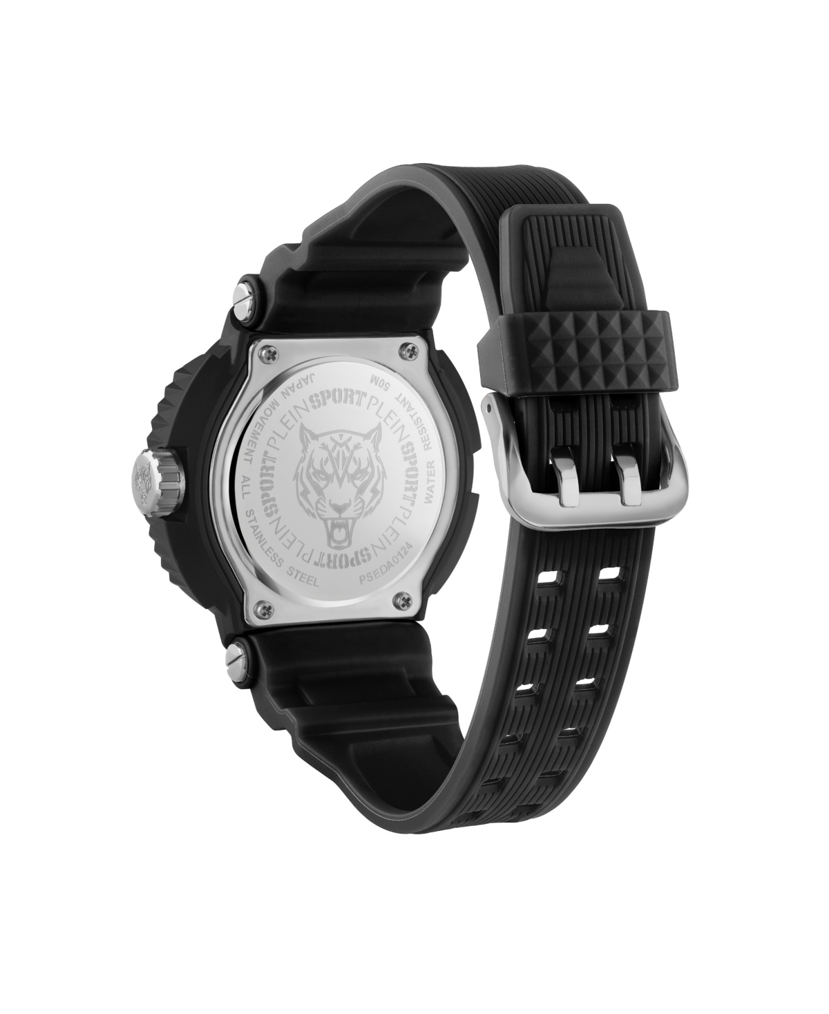 Shop Plein Sport Men's Tiger Power 3 Hand Date Quartz Black Silicone Strap 45mm