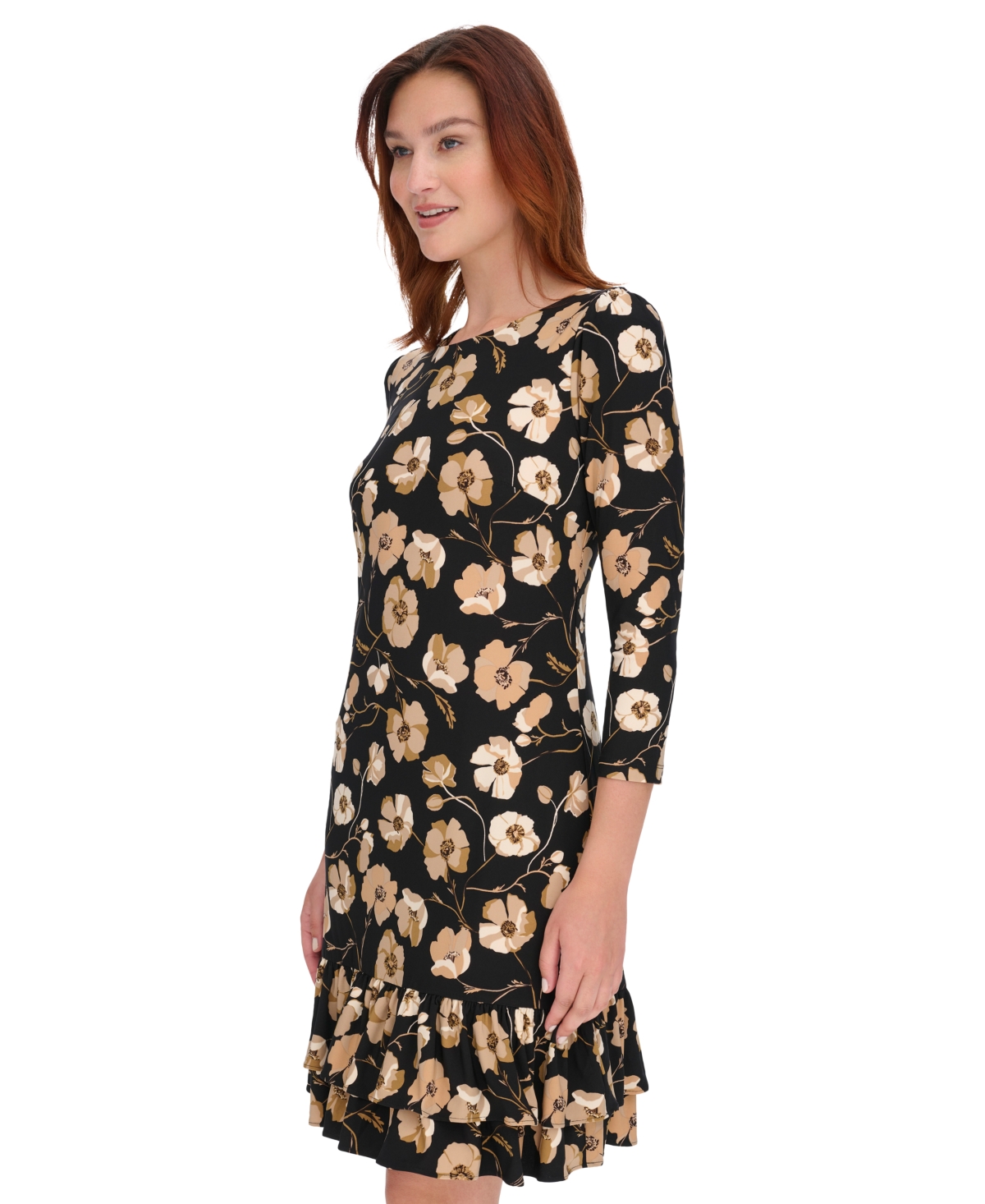 Tommy Hilfiger Petite Printed Round-Neck Ruffle-Hem Shift Dress