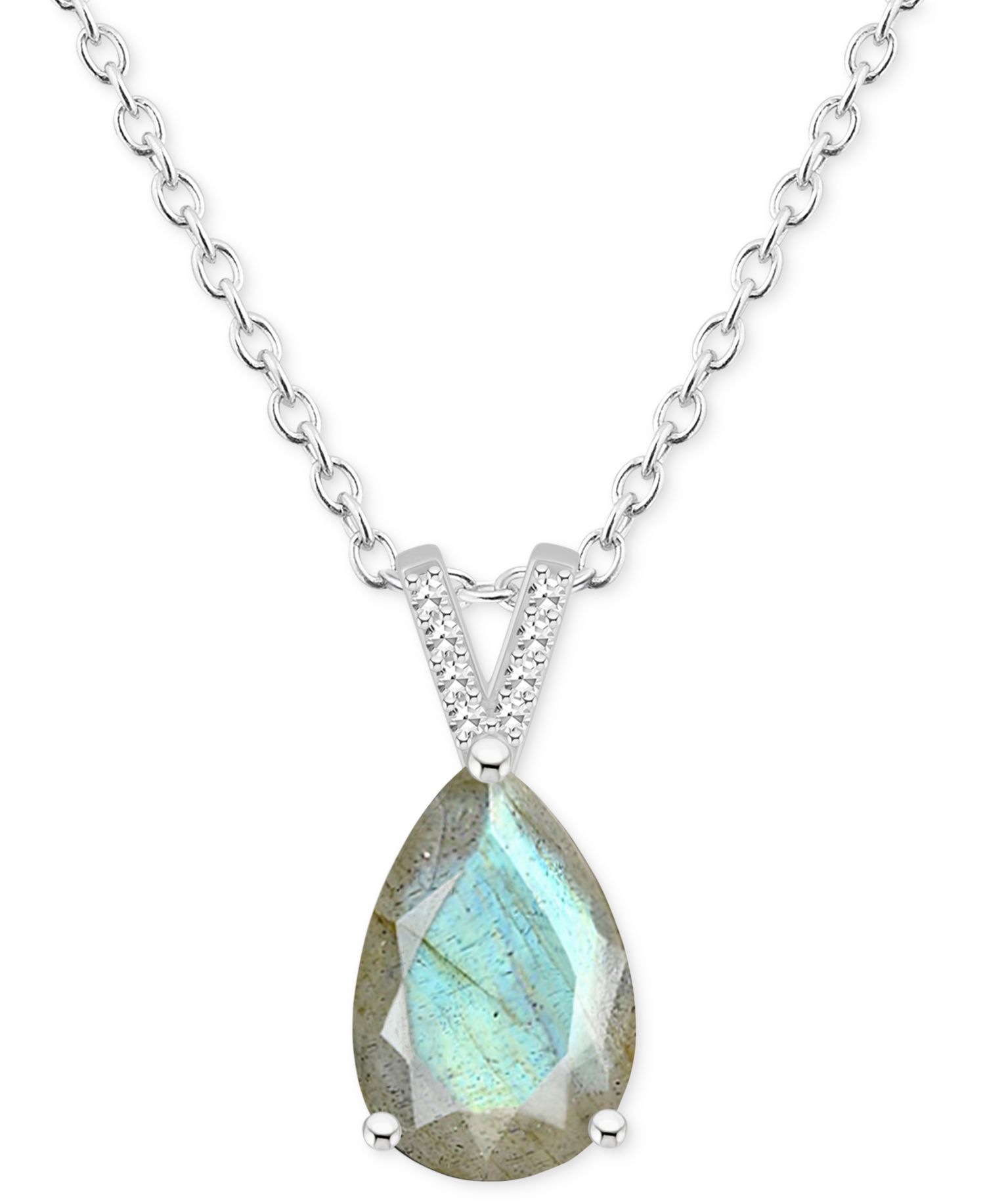 Labradorite & Diamond Accent Pear 18" Pendant Necklace in Sterling Silver (Also in Onyx)