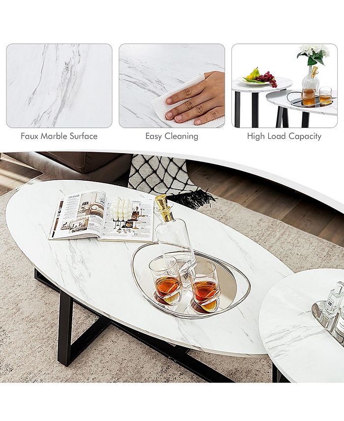 Morden Marble Nesting Table, Round Coffee Table Set Of 2 End Table For Living Room Stacking Side Tables Accent Tea Table With Metal Frame