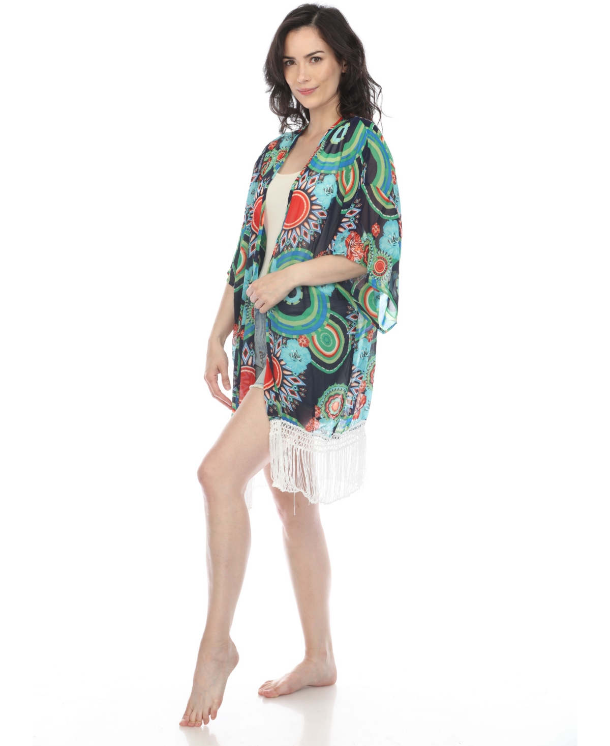 White Mark Women's Sheer Fringe Kimono In Navy