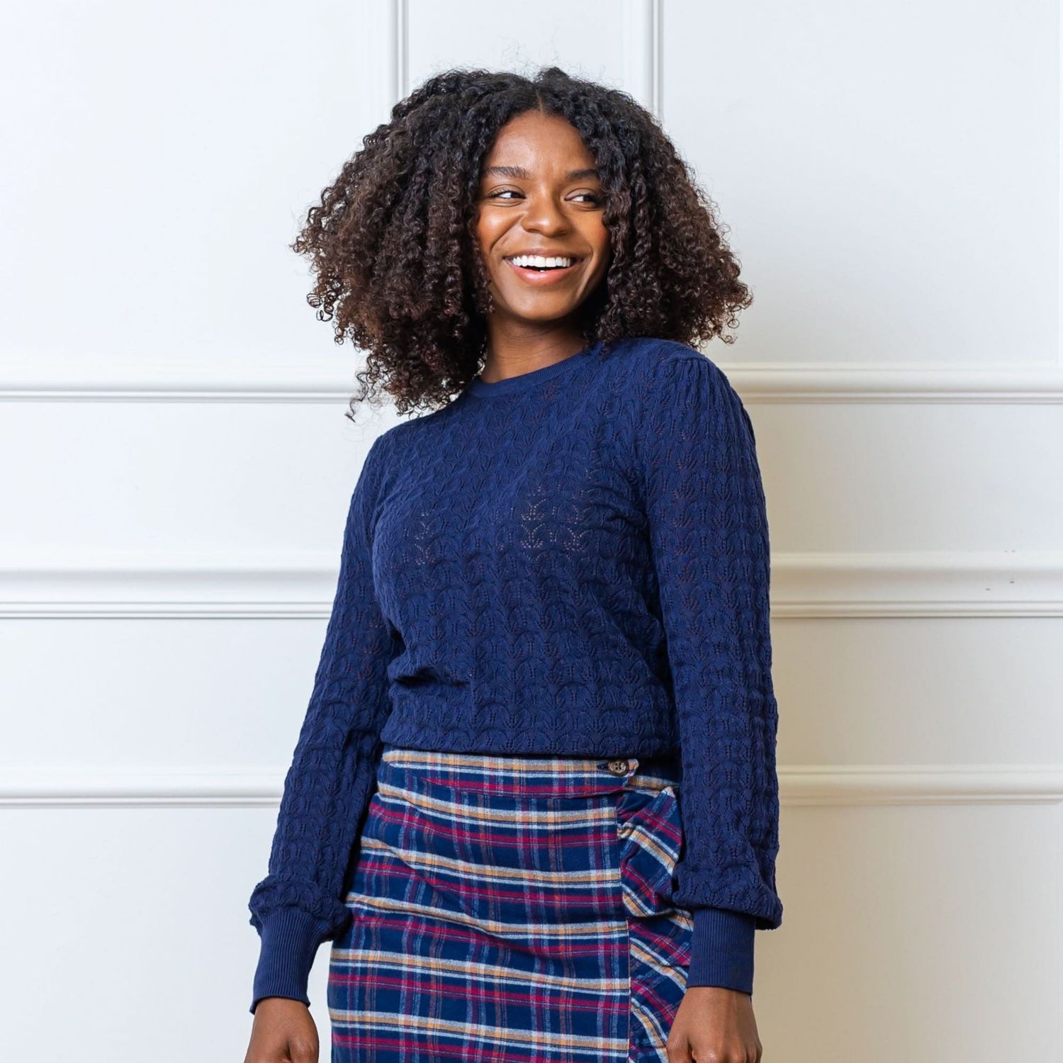 Women's Hope and Henry Long Sleeve Pointelle Sweater with Bellow Sleeves