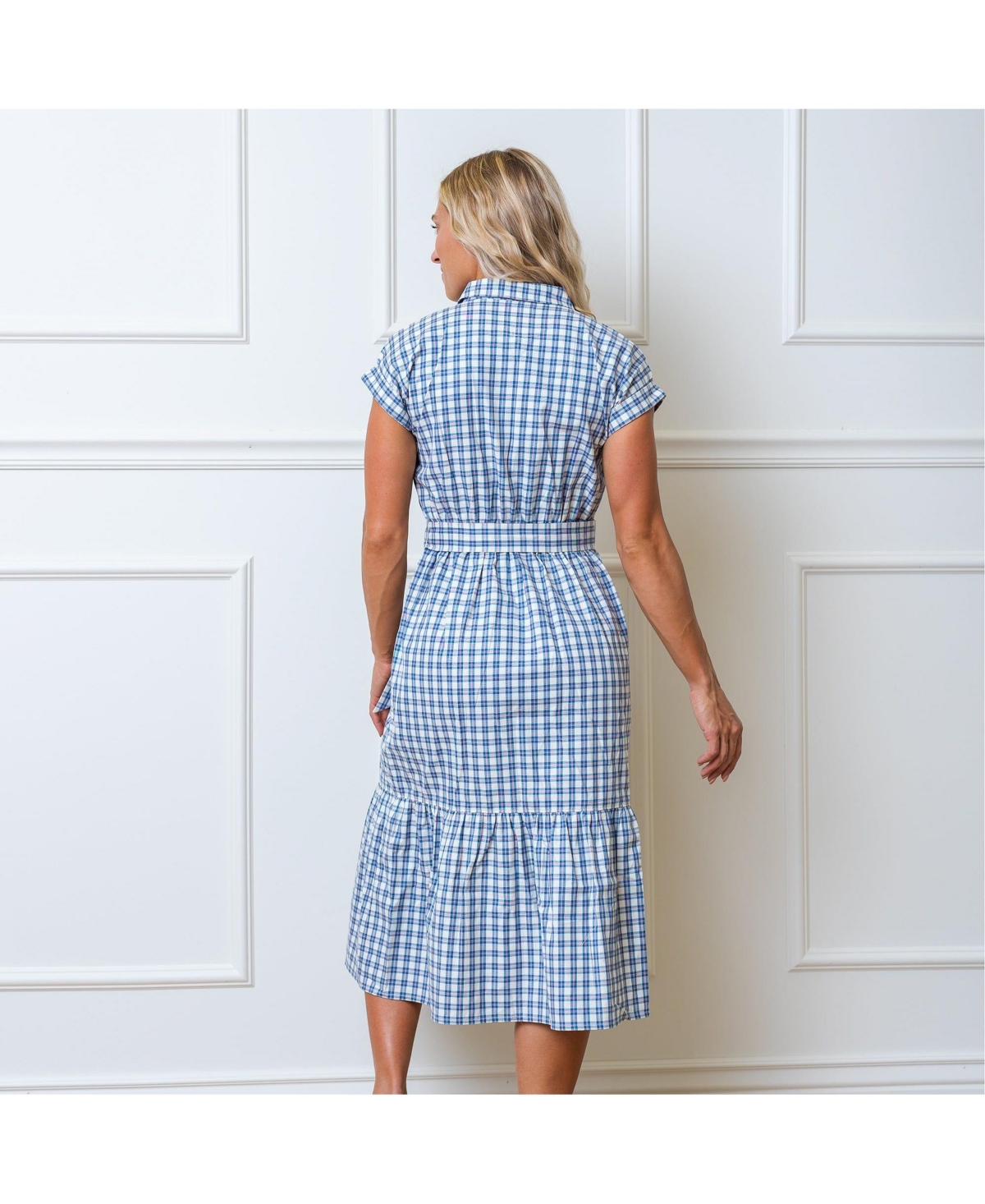 Hope & Henry Women's Short Sleeve Button Front Tiered Maxi Dress with Waist Sash - Ivory and blue check