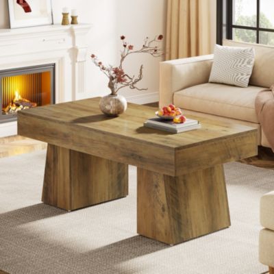 Farmhouse Coffee Table, 47 Inches Wooden Rectangular Accent Center Tables with Thick Base, Modern Low Cocktail Tea