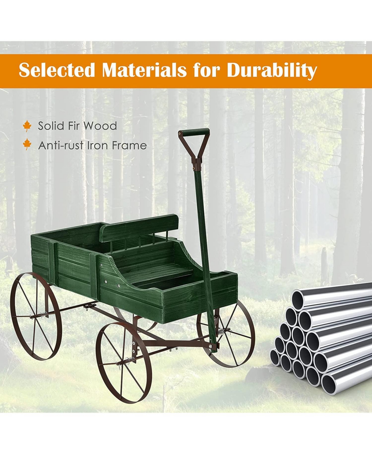 Sugift Wooden Wagon Plant Bed with Metal Wheels for Garden Yard Patio