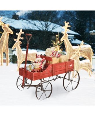 Wooden Wagon Plant Bed with Metal Wheels for Garden Yard Patio