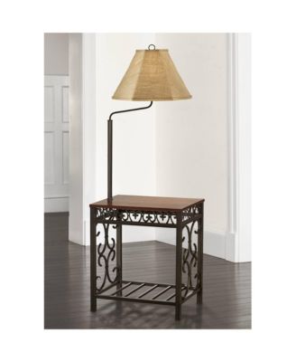 Travata Rustic Vintage Floor Lamp with End Table 54" Tall Bronze Scrollwork Swing Arm Burlap Fabric Empire Shade for Living Room Reading