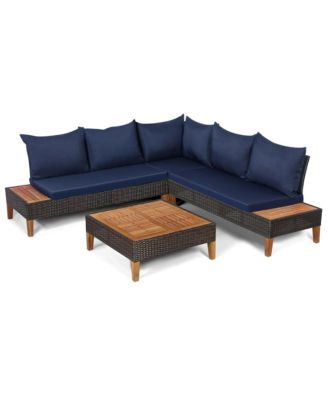 4PCS Acacia Wood Patio Furniture Set Rattan Conversation Set w/ Navy Cushions