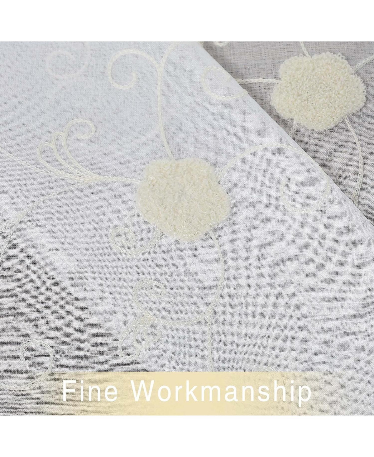 Floral Embroidered Voile Sheer Kitchen Tier Curtain Pair, 52" x 24" - Beige