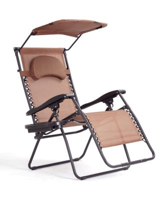 Folding Recliner Zero Gravity Lounge Chair W/ Shade Canopy Cup Holder Brown