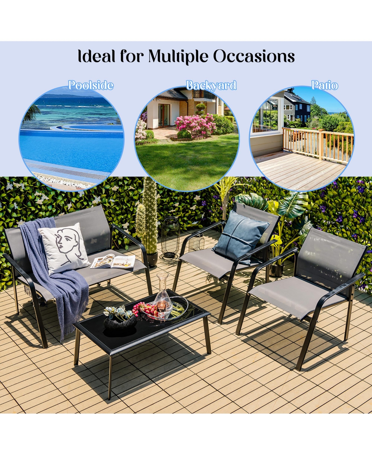 Gymax 4PCS Patio Conversation Futniture Set w/ Fabric and Anti-Rust Steel Frame Grey