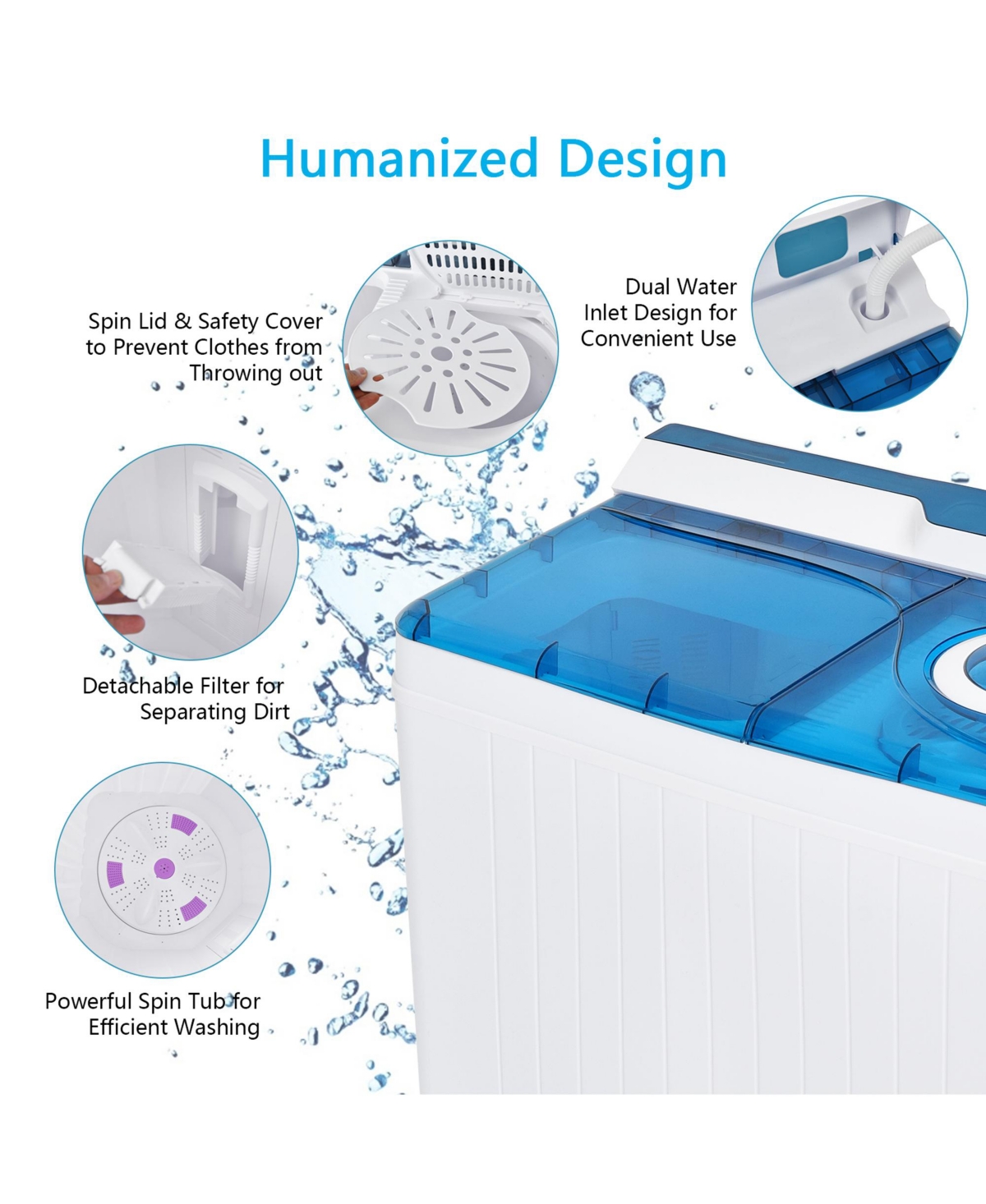 Gymax Portable Semi-automatic Washing Machine lbs Twin Tub Laundry Washer Blue - White+blue