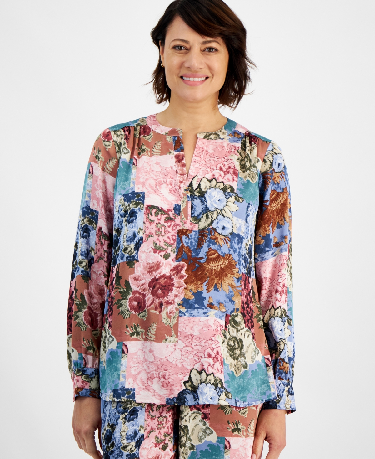 Jm Collection Petite Floral-Print Split-Neck Pullover Top, Created for Macy's