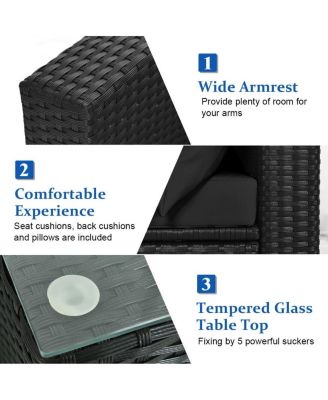 7 Pieces Sectional Wicker Furniture Sofa Set with Tempered Glass Top-Black
