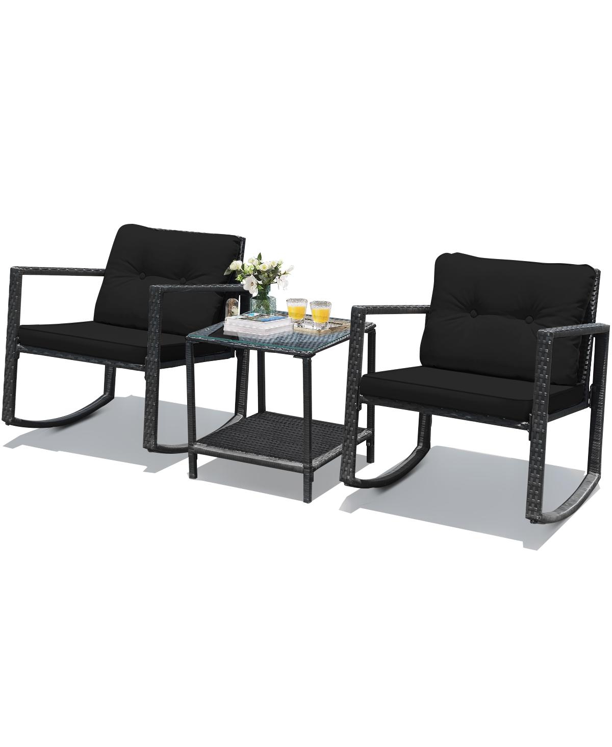 Sugift 3 Pieces Cushioned Patio Rattan Set with Rocking Chair and Table- Black