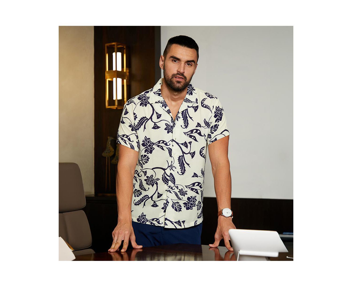 Men's Midnight Black & Ivory White Contrast Flower Shirt