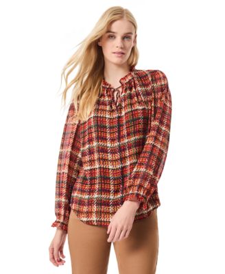 Jones New York - Women's Printed Tie-Neck Ruffled-Neck Peasant Blouse