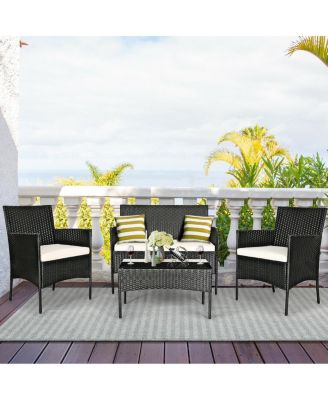 4 Pieces Patio Rattan Cushioned Conversation Sets with Tempered Glass Coffee Table