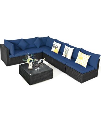 7 Pieces Sectional Wicker Furniture Sofa Set with Tempered Glass Top-Navy