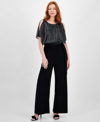 Connected Apparel Petites Womens Metallic Jumpsuit Black Silver