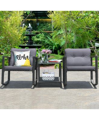 3 Pieces Cushioned Patio Rattan Set with Rocking Chair and Table-Grey