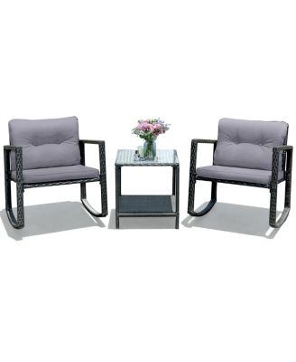 3 Pieces Cushioned Patio Rattan Set with Rocking Chair and Table-Grey