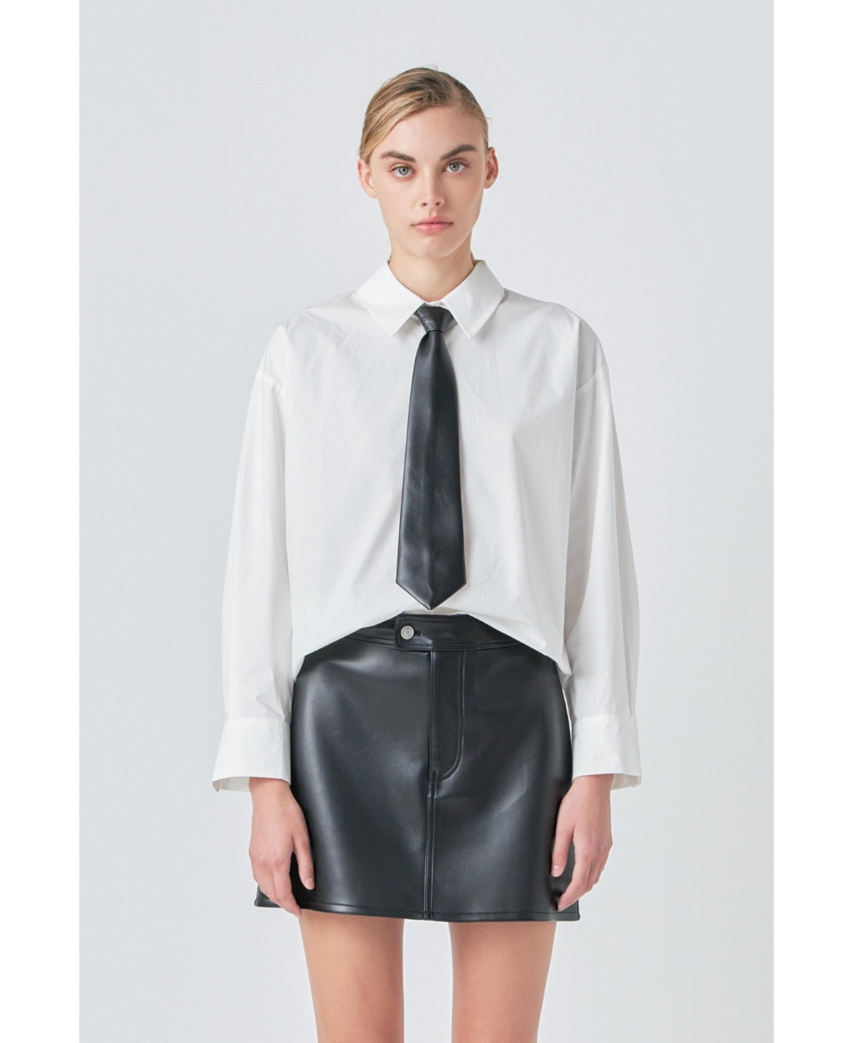Grey Lab Women's Shirt with Faux Leather Necktie