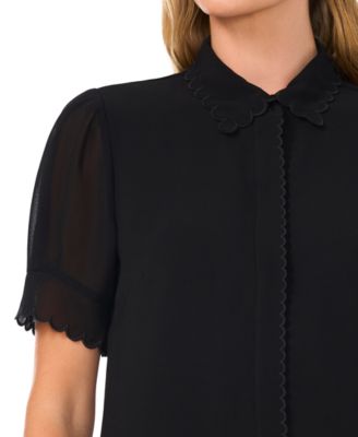 Women's Scalloped Puff-Sleeve Button-Front Blouse