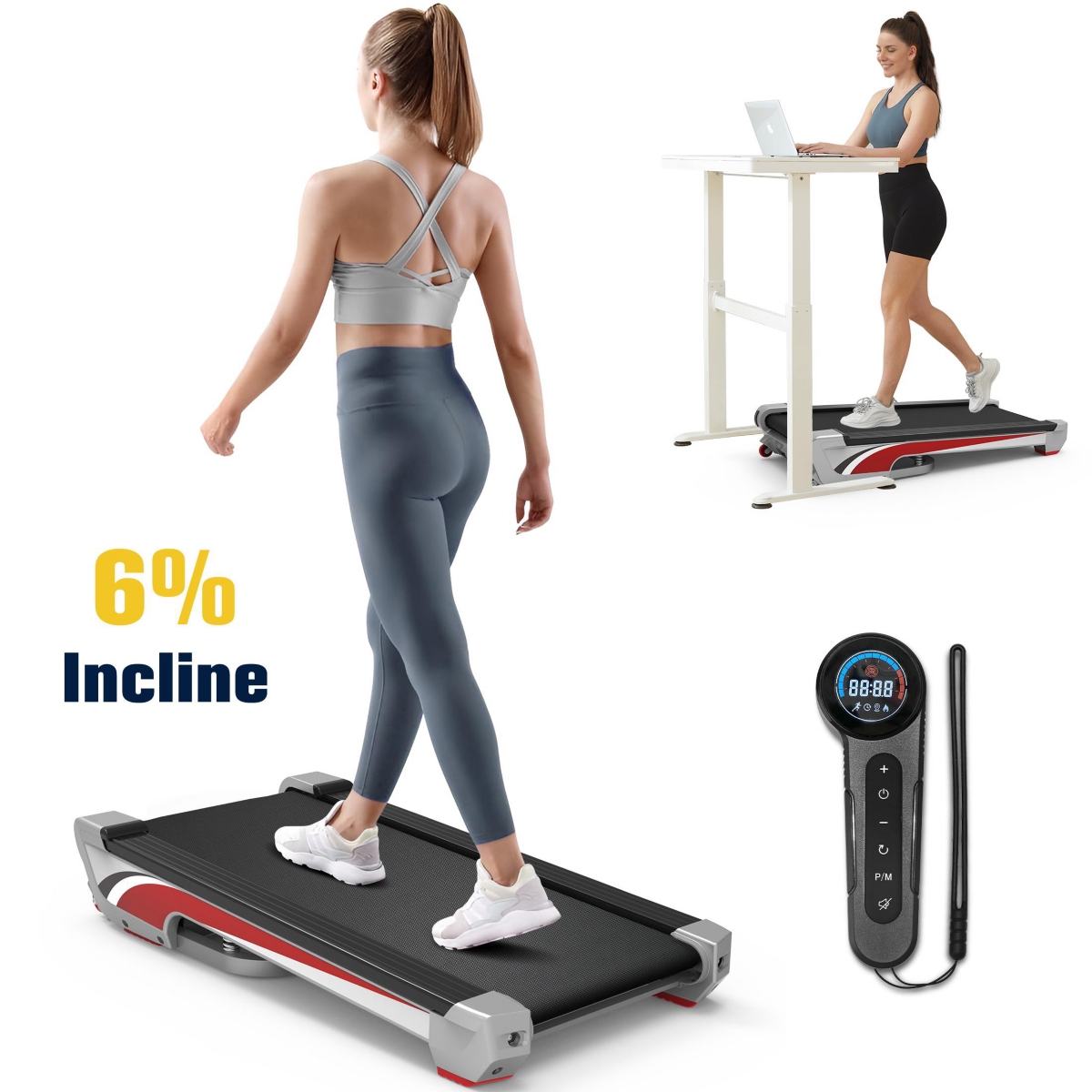 Walking Pad Treadmill with 6% Incline, Under Desk Treadmill 350+ lb Capacity Portable for Home & Office - Silver