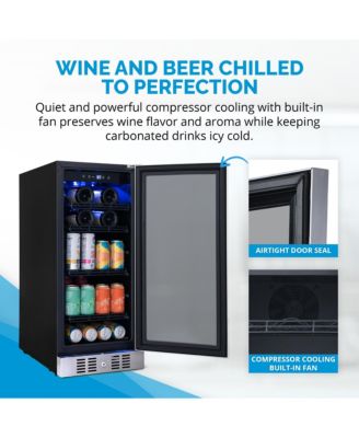 15" FlipShelf Wine and Beverage Refrigerator, Reversible Shelves Hold 80 Cans or 33 Bottles, Stainless Steel & Double-Layer Tempered Glass Door, Quiet Compressor Cooling, Compact Wine Cellar, Built-in Counter or Freestanding Fridge for Reds