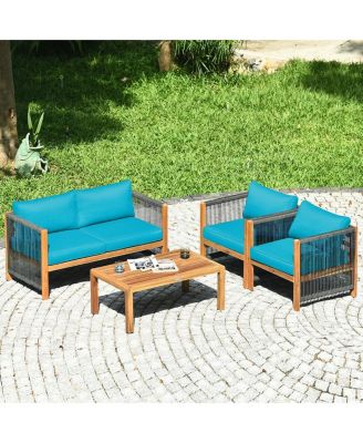 4 Pieces Acacia Wood Sofa Set with Cushions for Outdoor Patio-Blue
