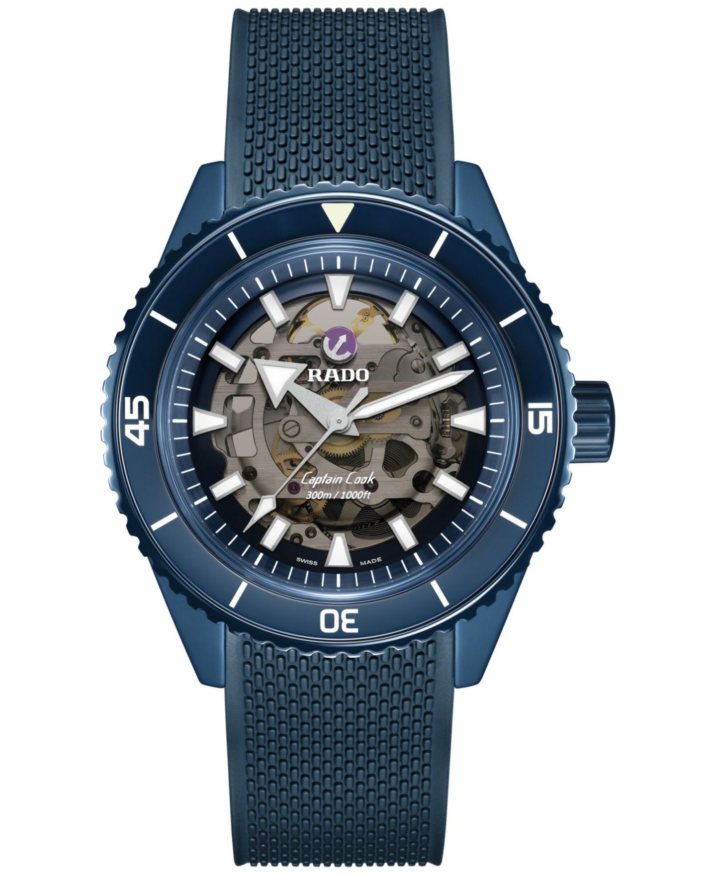 Мужские часы Rado Swiss Automatic Captain Cook Navy Blue Rubber Strap Watch 43mm — фото 1
