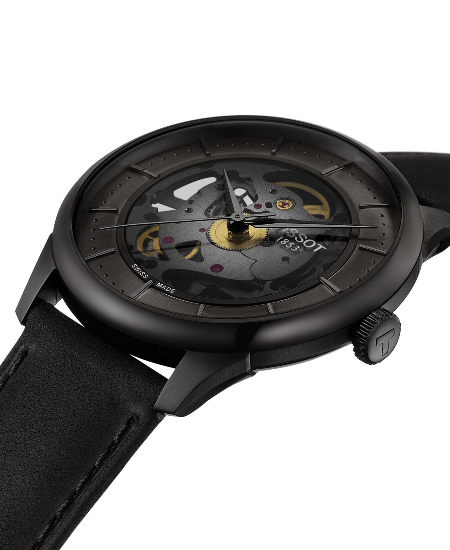 Мужские часы Tissot Swiss Automatic Chemin Des Tourelles Skeleton Black Leather Strap Watch 40mm — фото 5