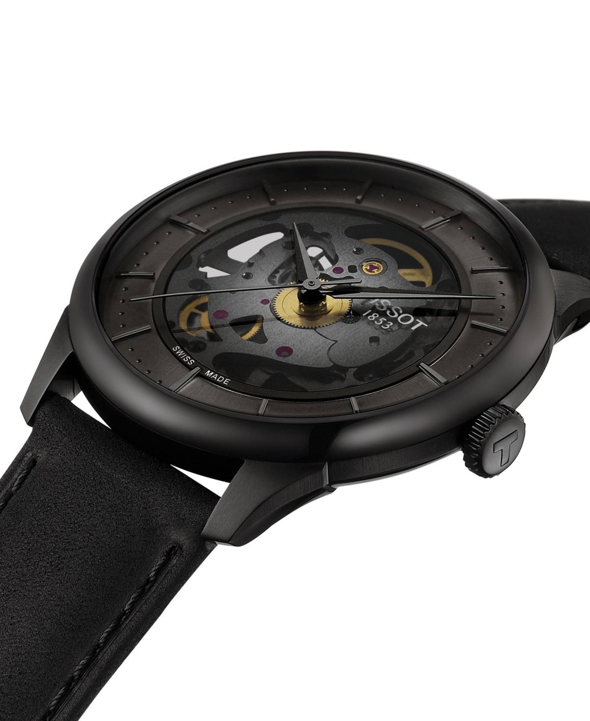 Tissot Men's Swiss Automatic Chemin Des Tourelles Skeleton Black Leather Strap Watch 40mm In No Color
