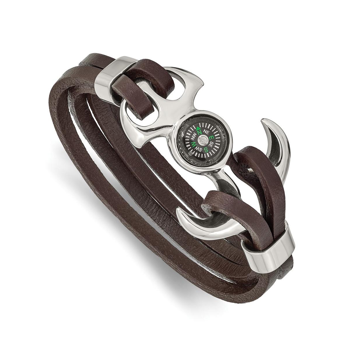 Stainless Steel Functional Compass Brown Leather Bracelet - Brown
