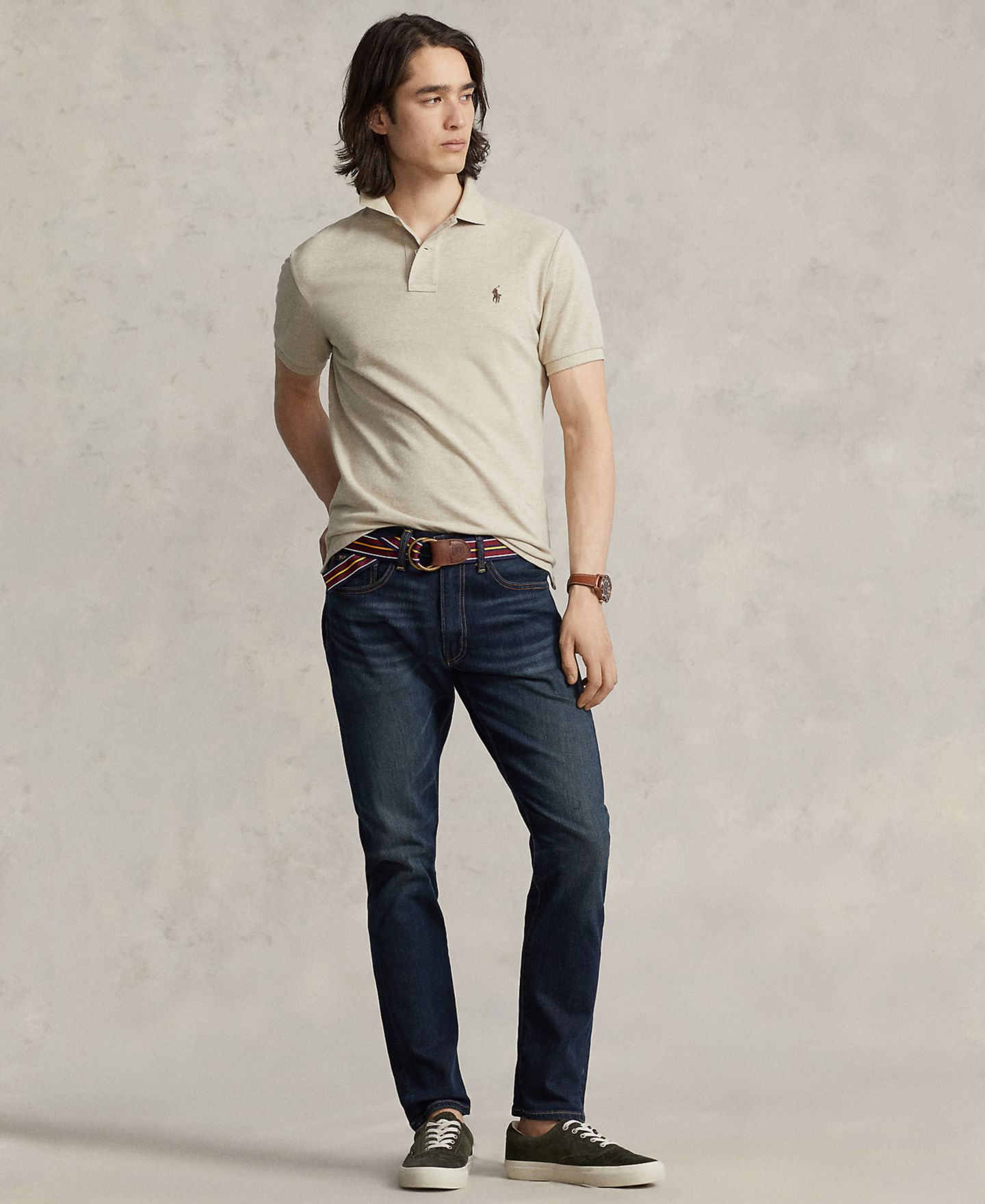 Мужское поло Polo Ralph Lauren Cotton Custom Slim Fit Mesh Polo Shirt, цвет: Дюнный меланжевый — фото 5